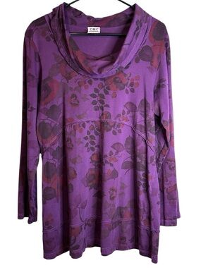 CMC Color Me Cotton Purple Floral Cowl Neck Tunic Boho Artsy Folk USA Made Large